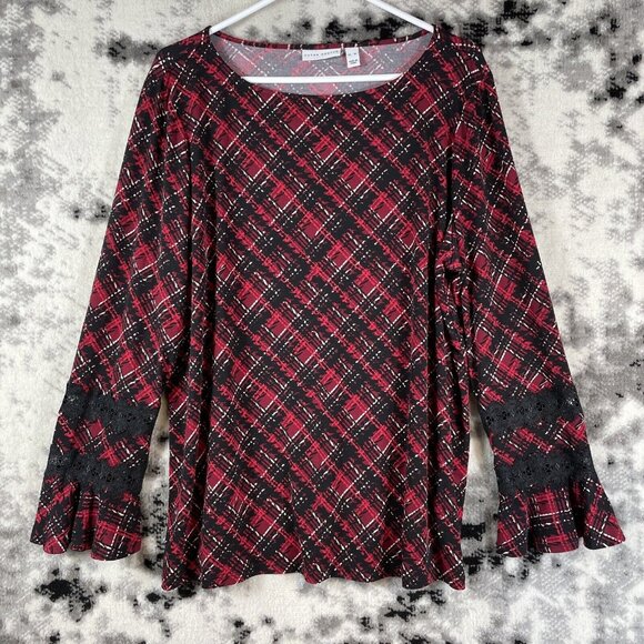 Susan‎ Graver Blouse Womens Size Extra Large Plaid Embroiderd Sleeve Stretch - Picture 1 of 10